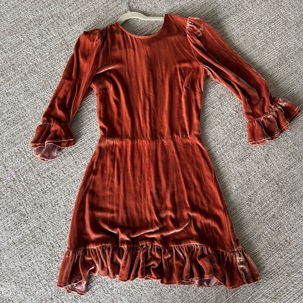 Reformation Mountain Mini Velvet Long Sleeve Dress in Salmon - Picture 2 of 5